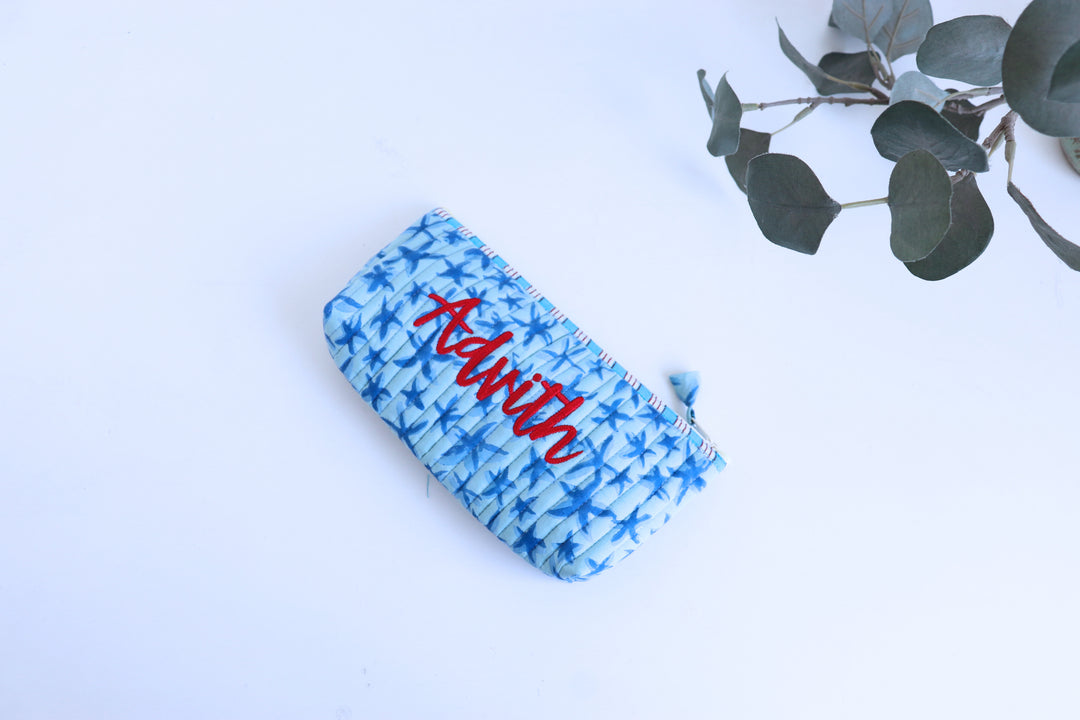 Personalized block print quilted pencil pouch with embroidered name
