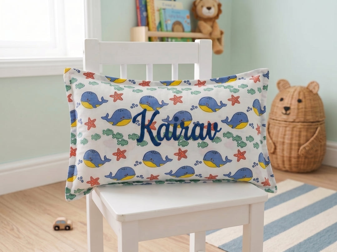 Personalized Kids Name Pillow Cover - Blue Whales in the Sea- 12x20 Inches