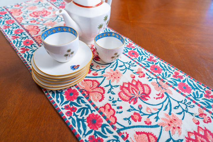 Blushing Bloom pink and turquoise floral block print cotton table runner 14x72 inches
