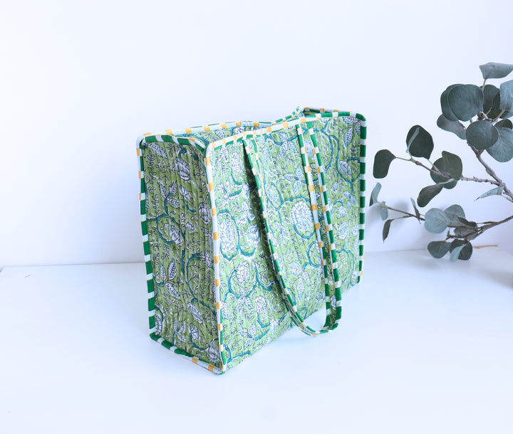 Green floral block print quilted medium tote bag for women handmade
