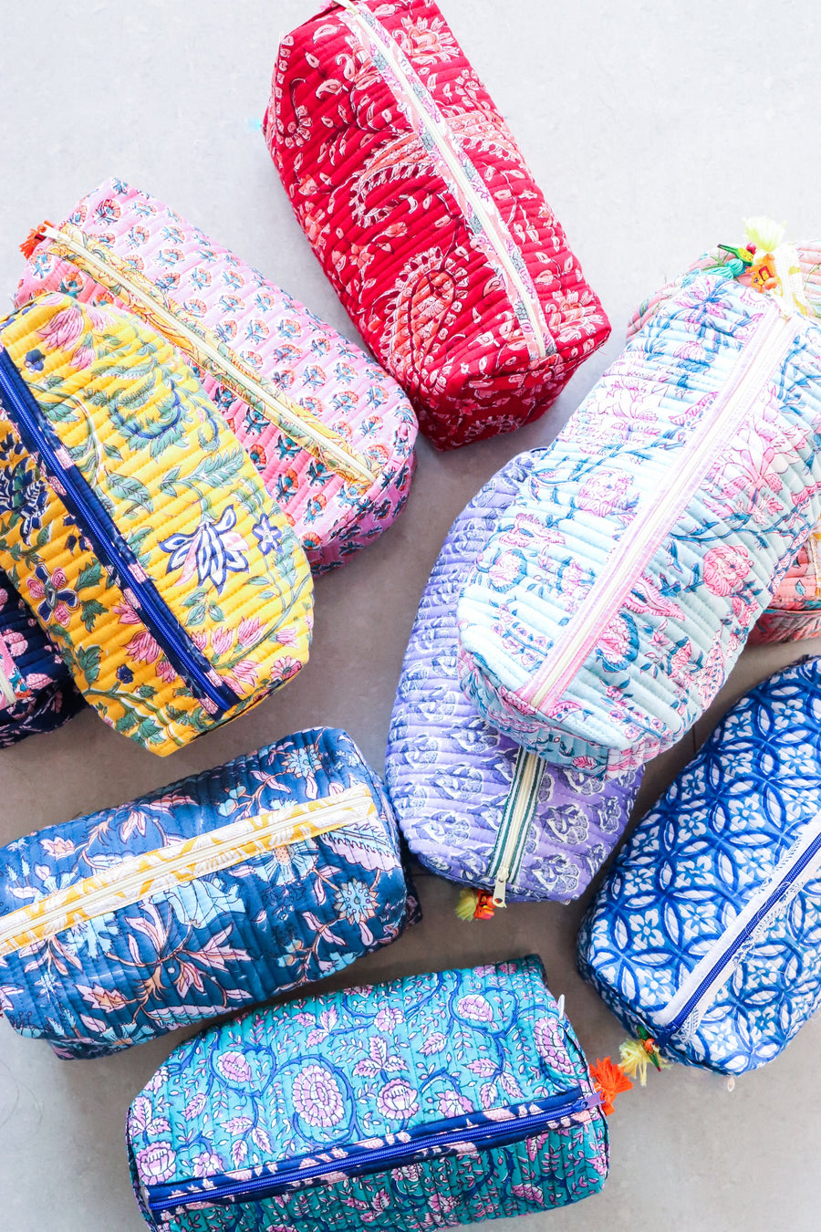 Large block print quilted makeup bags bulk set handmade cotton
