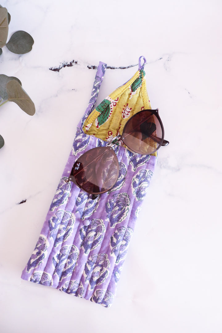 Assorted block print quilted sunglasses covers in bulk lot
