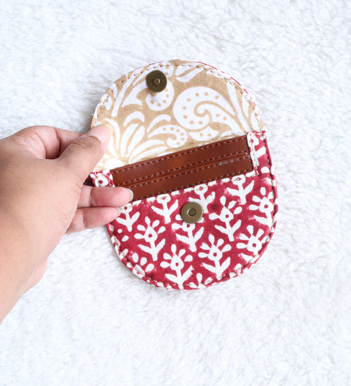 Block print fabric card and coin wallet with vegan leather in Jiva print
