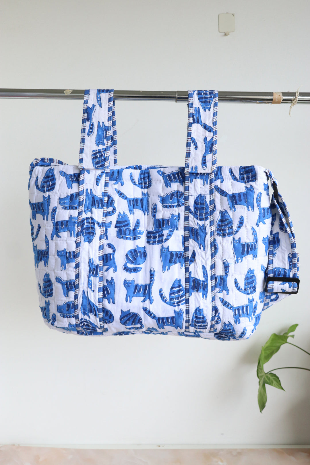 Personalized baby diaper bag in blue cat block print with custom name, stroller friendly, by Kari by Kriti
