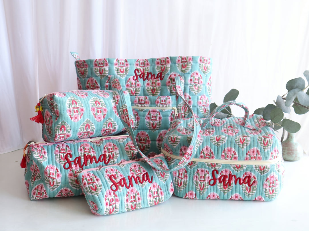 Set of 5 Personalised Tote &amp; Pouch Gift Set - Turquoise