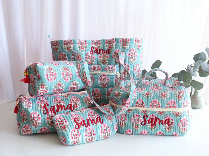 Set of 5 Personalised Tote &amp; Pouch Gift Set - Turquoise