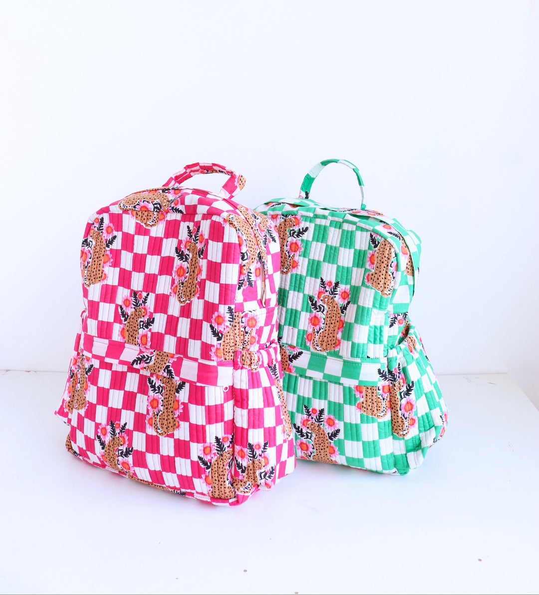 Personalised pink cheetah print quilted kids backpack with custom name
