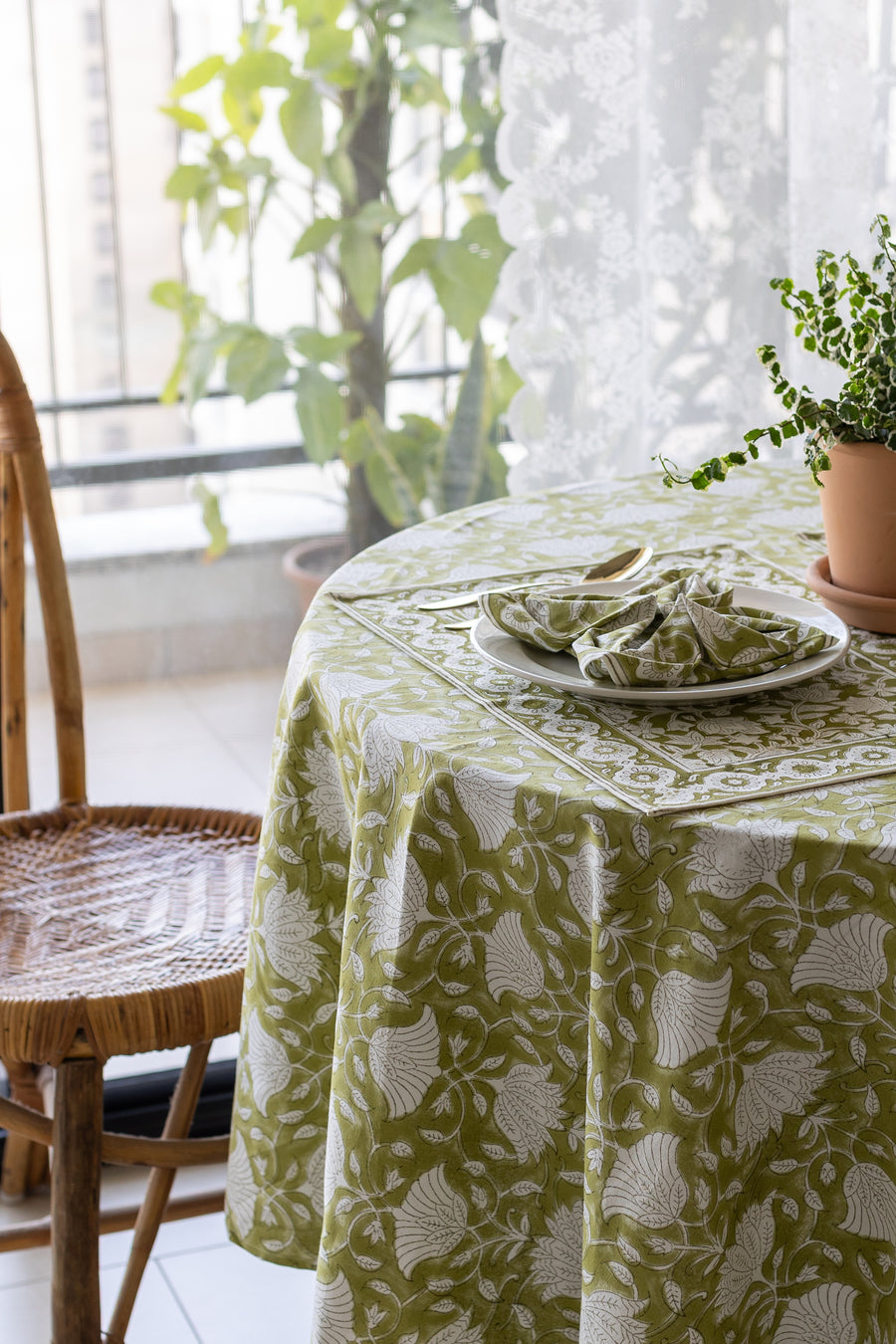 Citrus Grove green pear blossom block print round tablecloth 72 inches for 6 seater table

