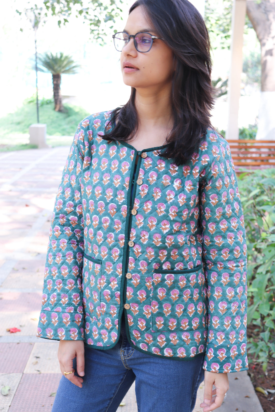 Green ditsy block print quilted cotton jacket for women handmade
