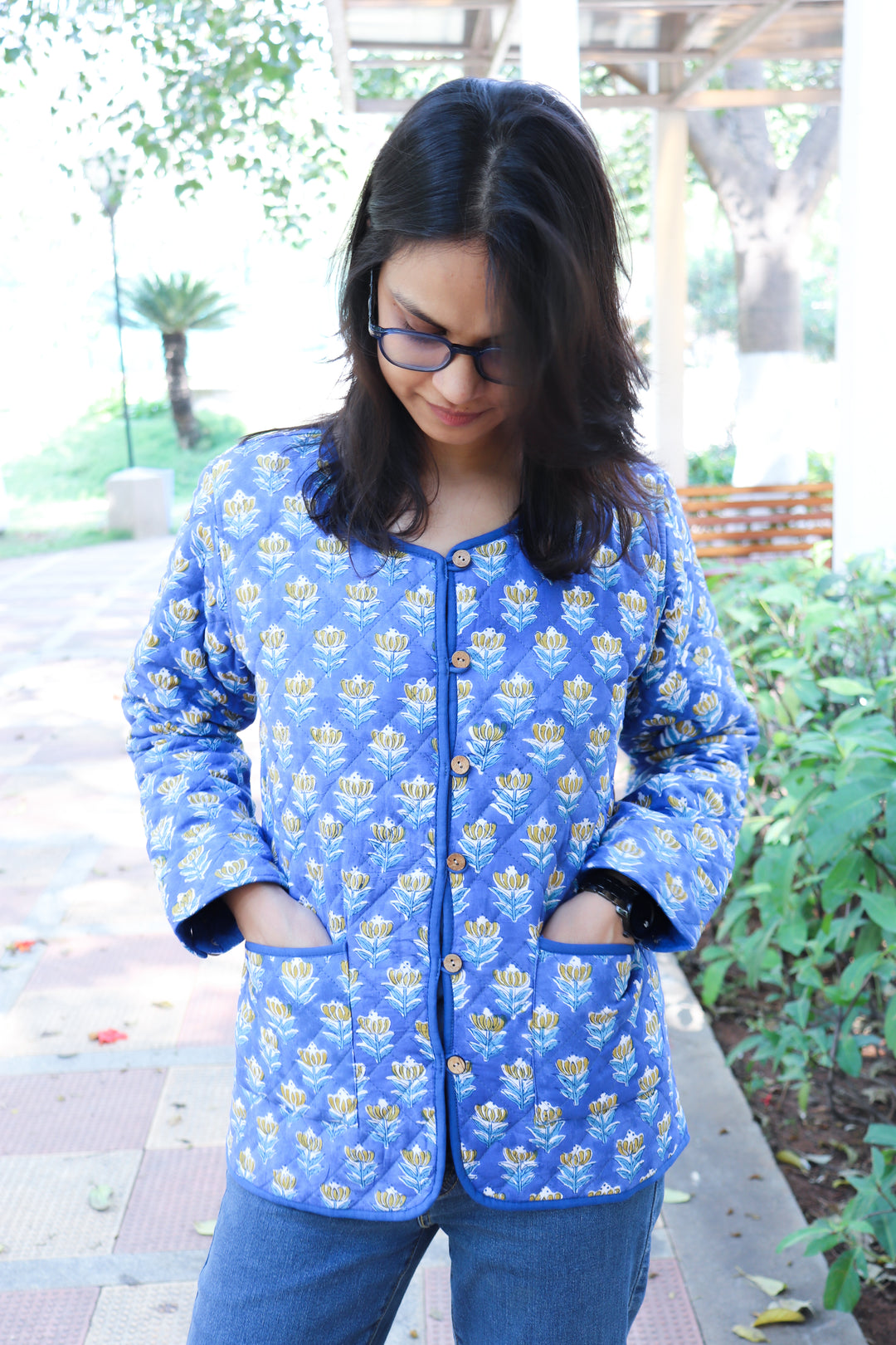 Blue ditsy block print quilted cotton jacket for women handmade India
