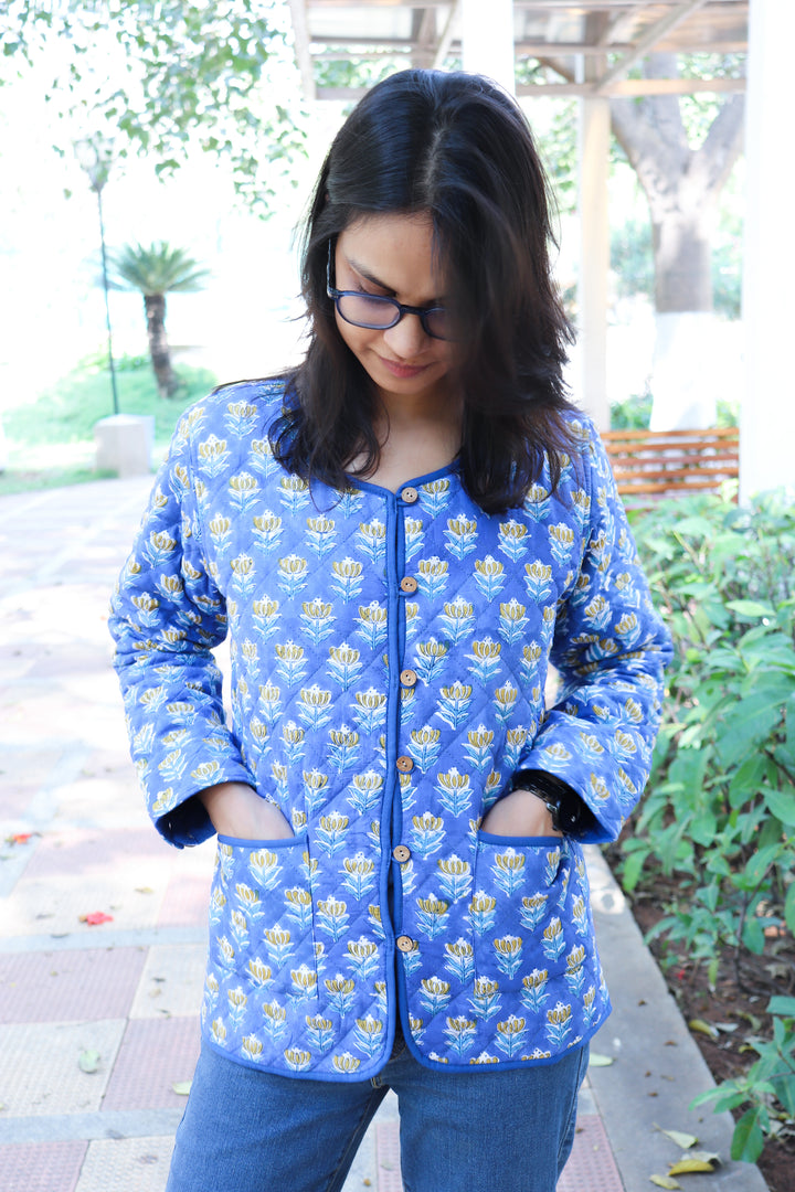Blue ditsy block print quilted cotton jacket for women handmade India
