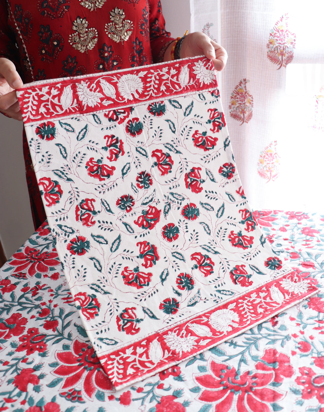 Crimson Dawn red hibiscus and pomegranate block print cotton placemats set of 6
