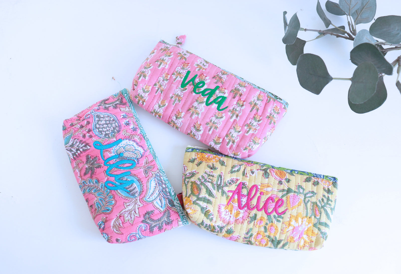 Personalized block print quilted pencil pouch with embroidered name
