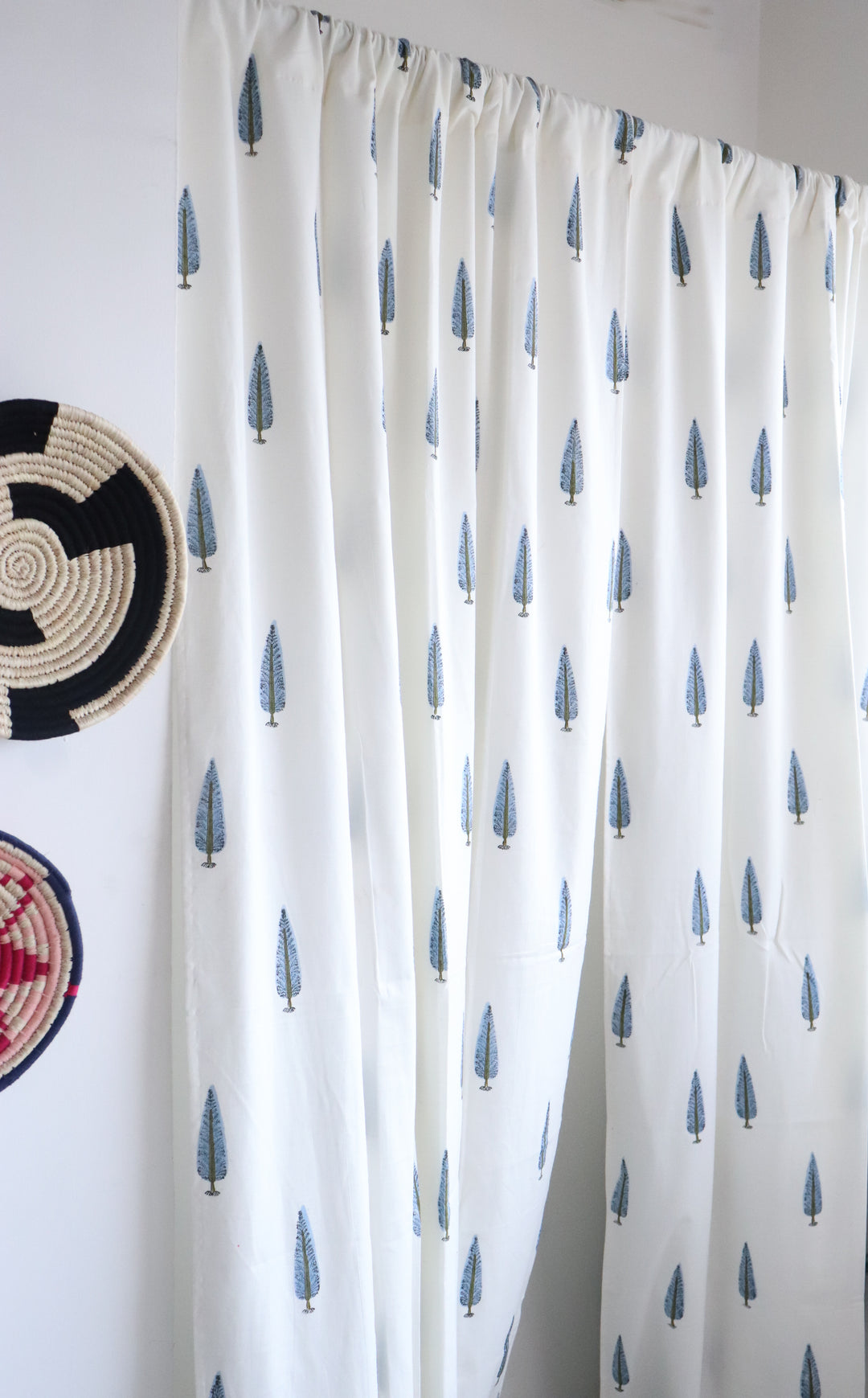 Light blue cypress tree block print curtains with cotton lining for bedroom
