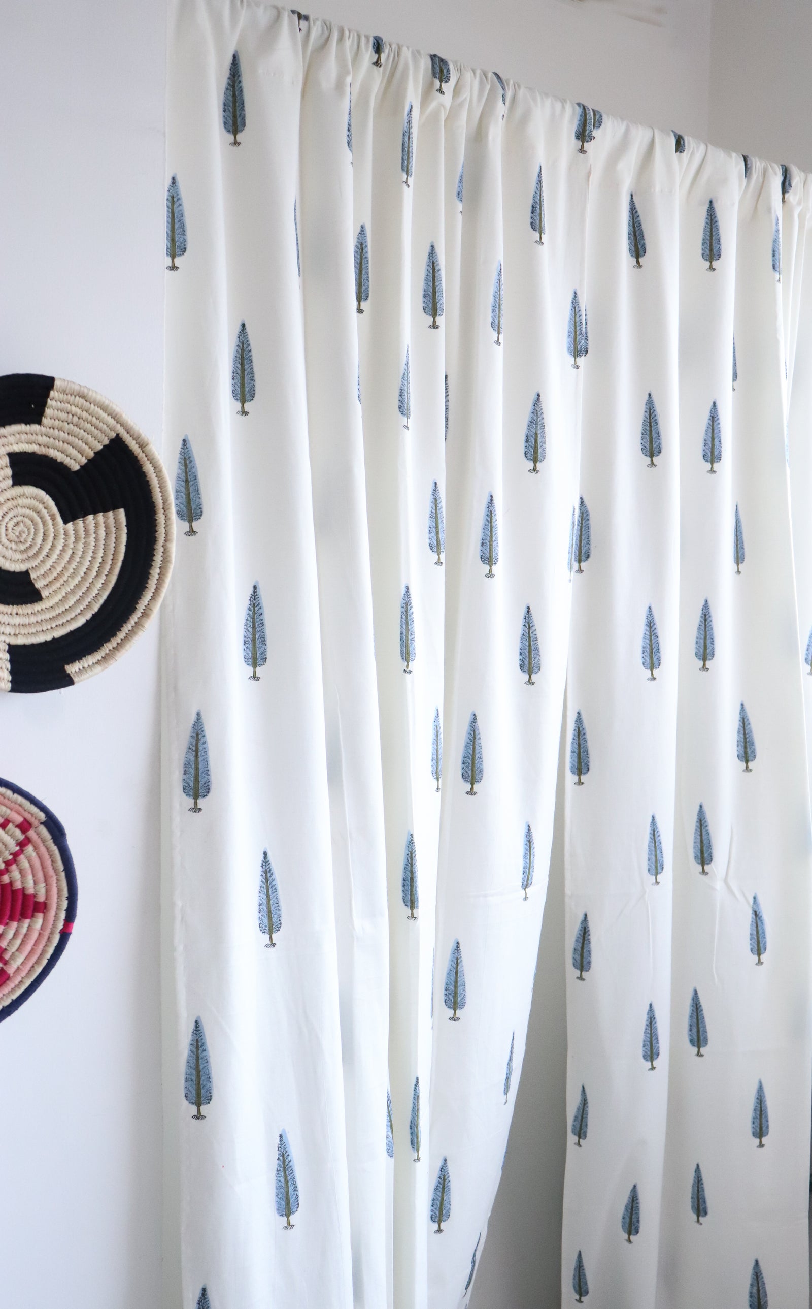 Light blue cypress tree block print curtains with cotton lining for bedroom
