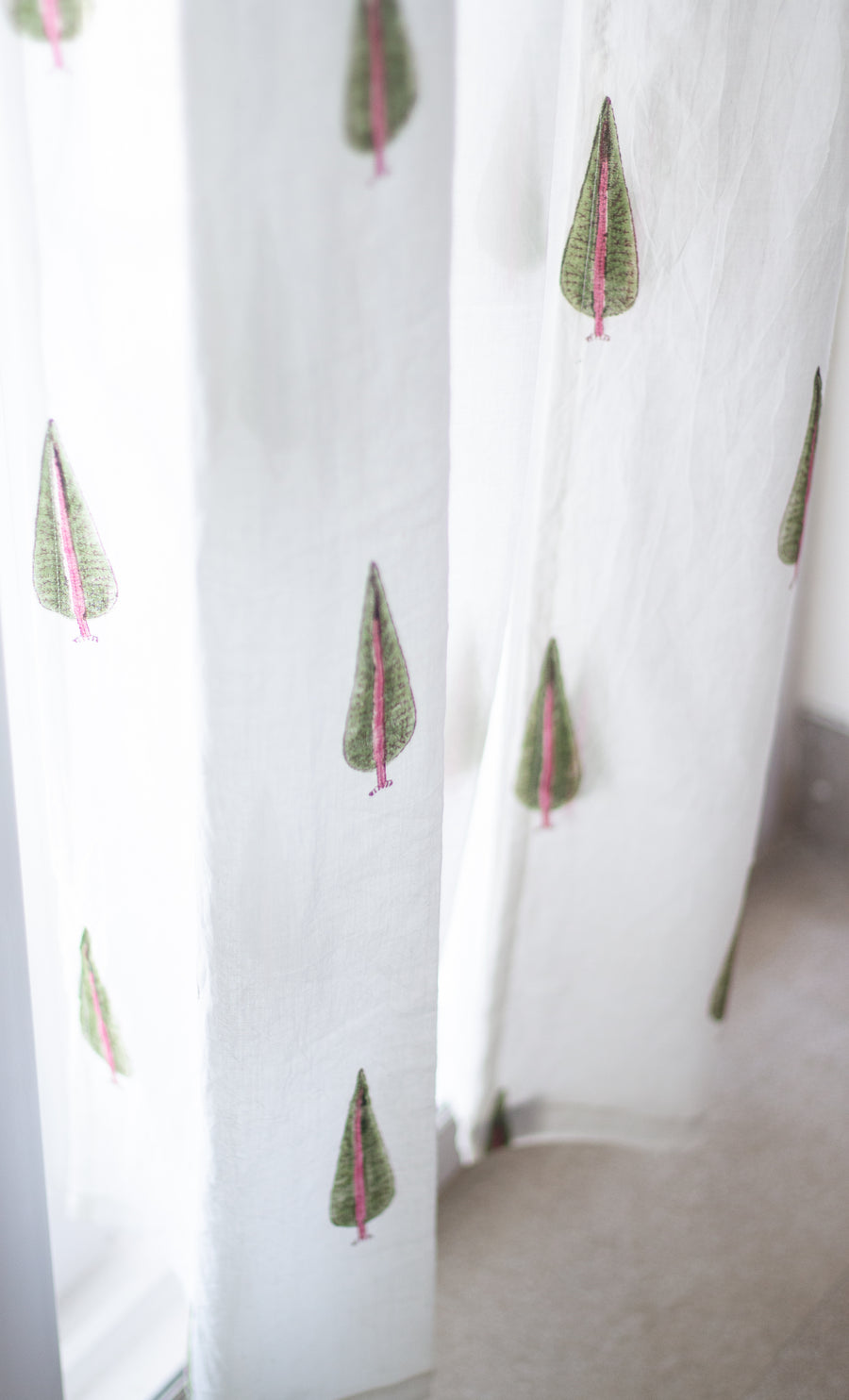 Cypress tree with pink floral block print sheer curtain in mulmul cotton
