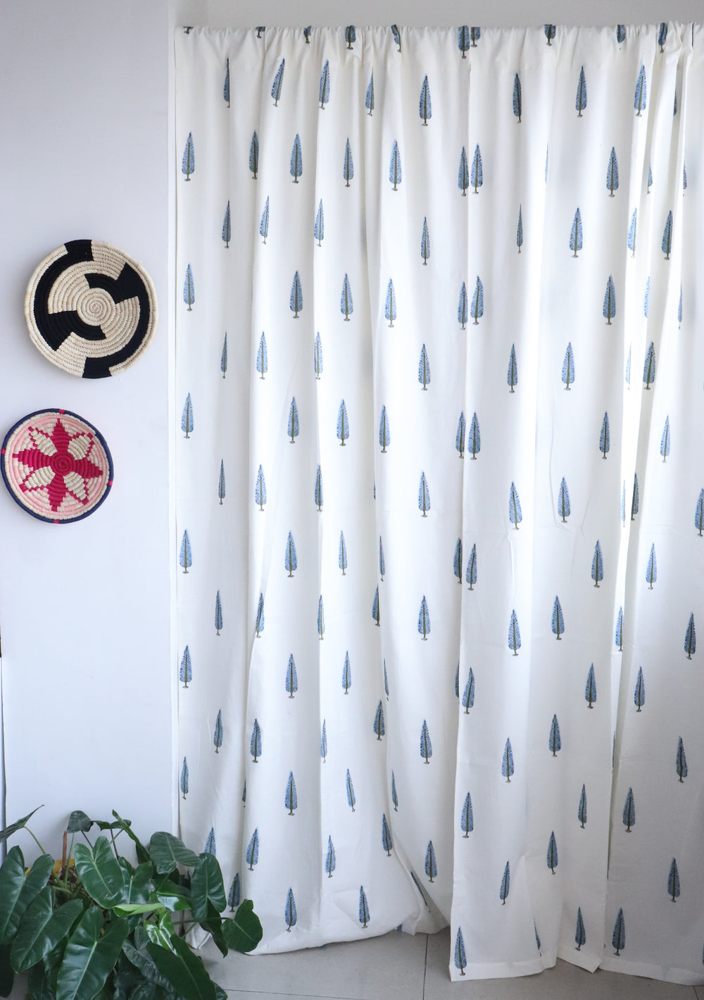 Light blue cypress tree block print curtains with cotton lining for bedroom
