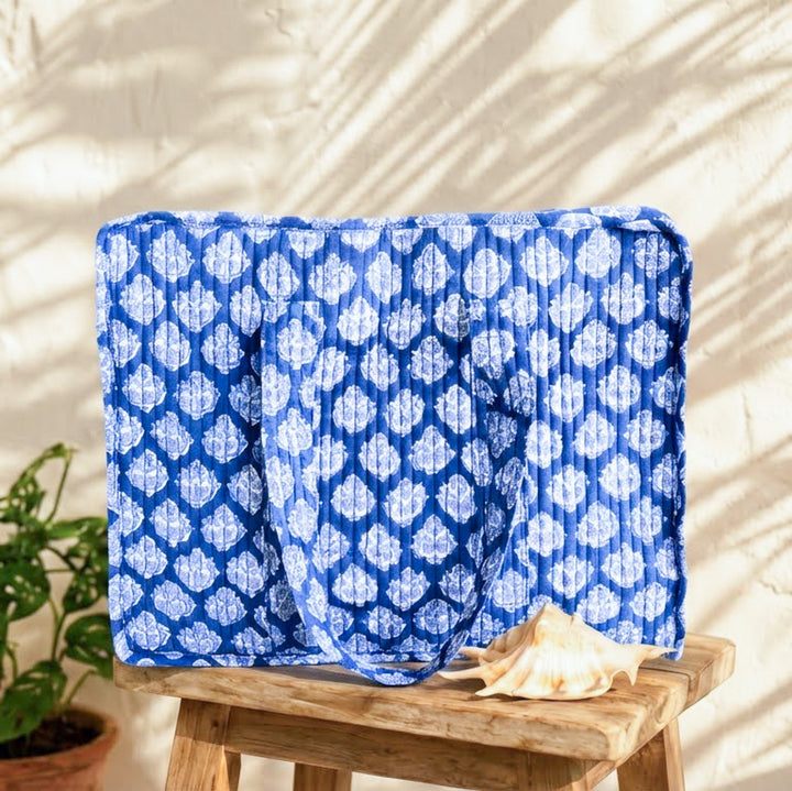 XL Quilted Tote Bag - Dark Blue Ditsy Block Print