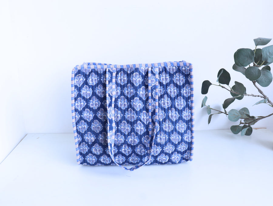 Dark blue booti block print quilted medium tote bag for women
