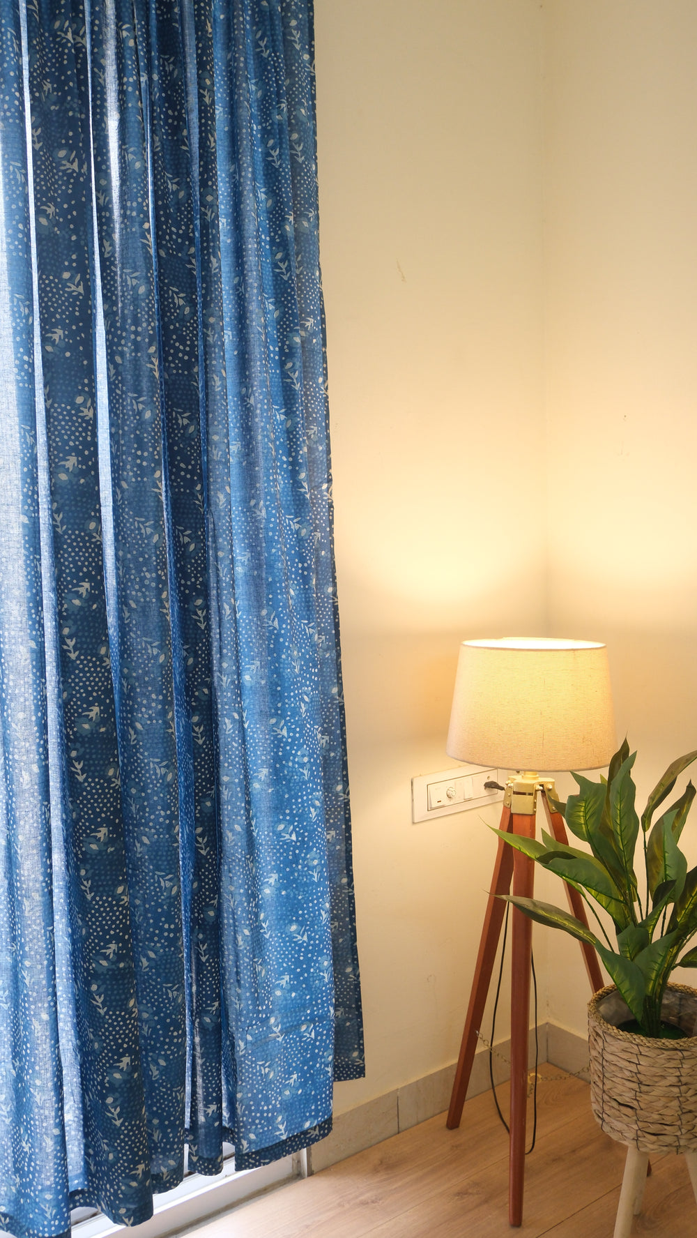 Indigo dots and floral block print sheer curtain in dark blue mulmul cotton
