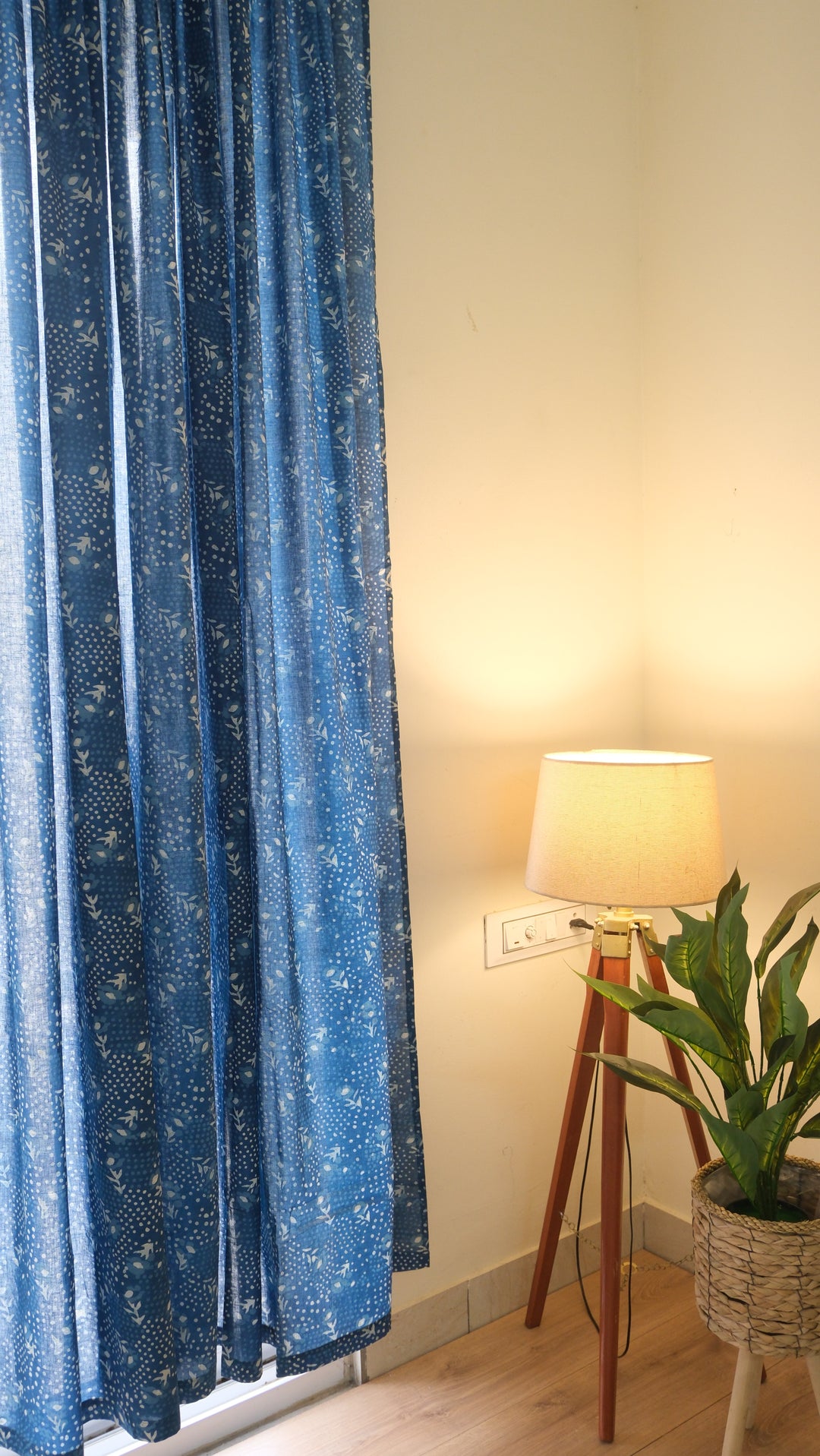 Indigo dots and floral block print sheer curtain in dark blue mulmul cotton
