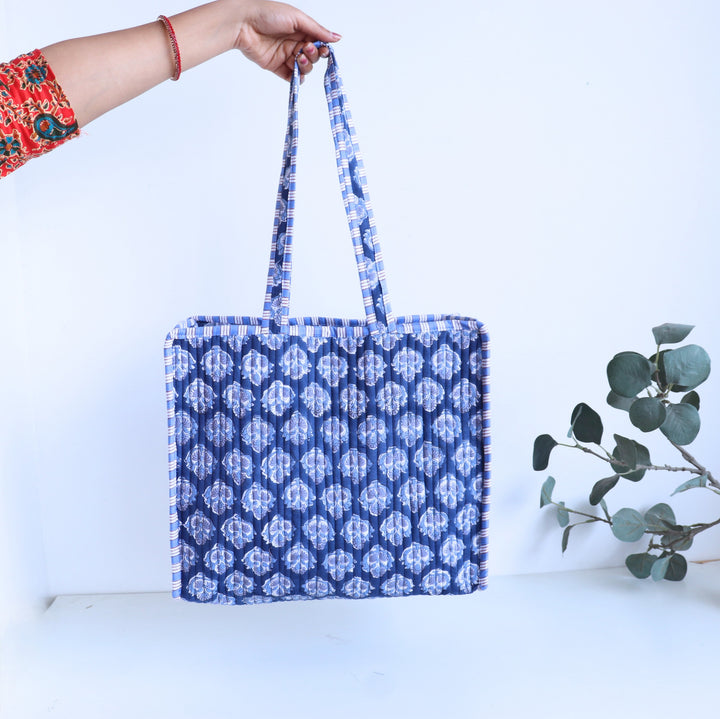 Dark blue booti block print quilted medium tote bag for women
