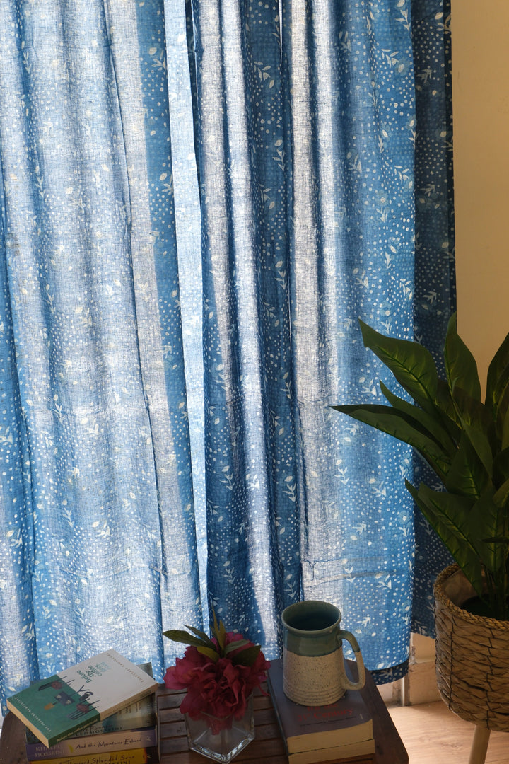 Indigo dots and floral block print sheer curtain in dark blue mulmul cotton
