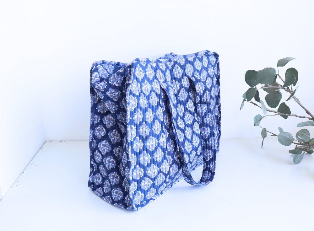 Dark blue ditsy print XL quilted block print tote bag handmade cotton
