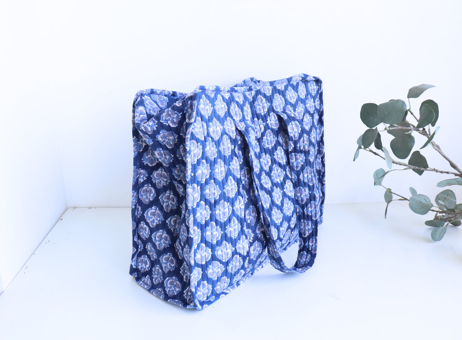 Dark blue ditsy print XL quilted block print tote bag handmade cotton
