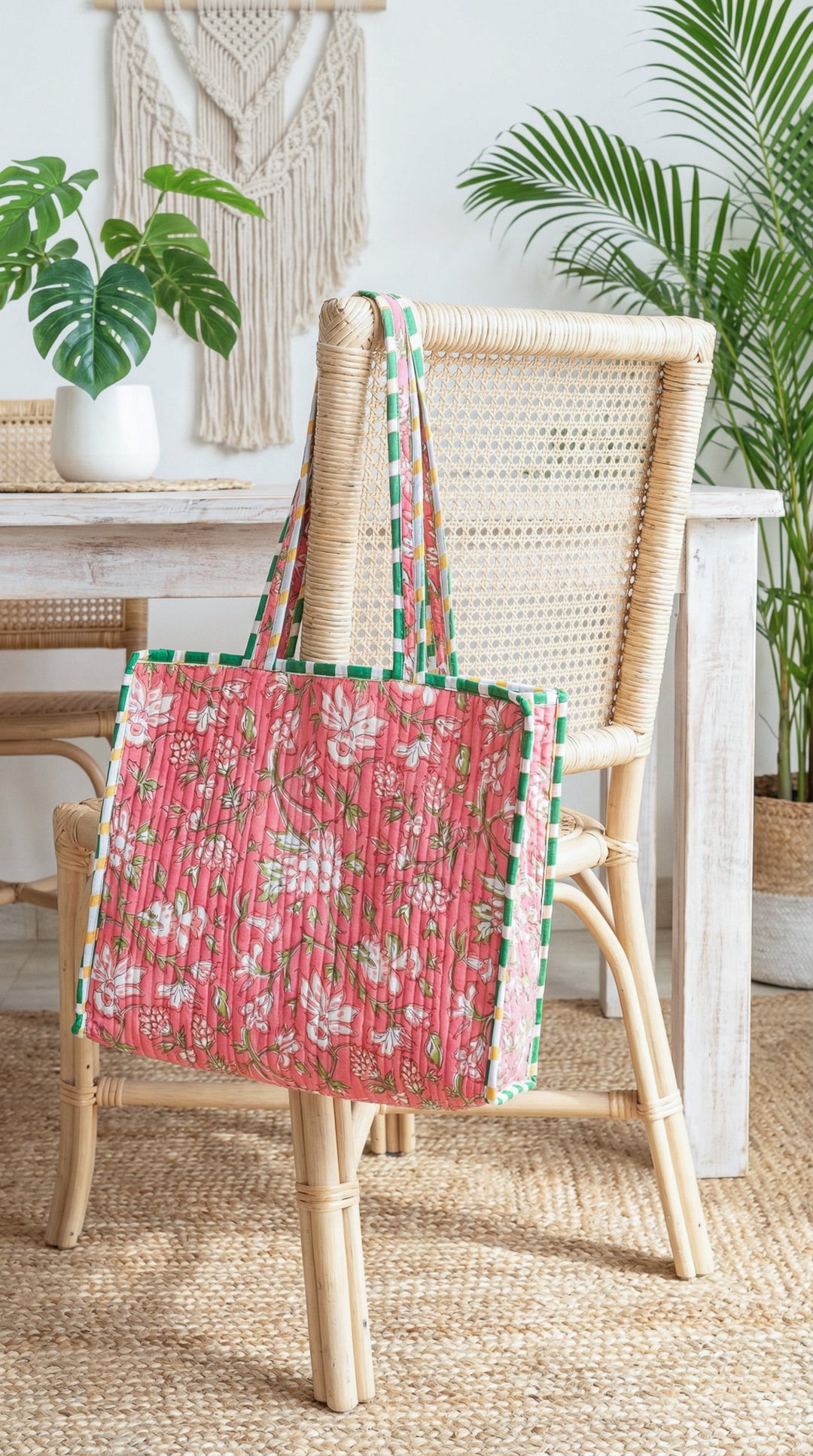 Pink floral block print quilted medium tote bag for women handmade
