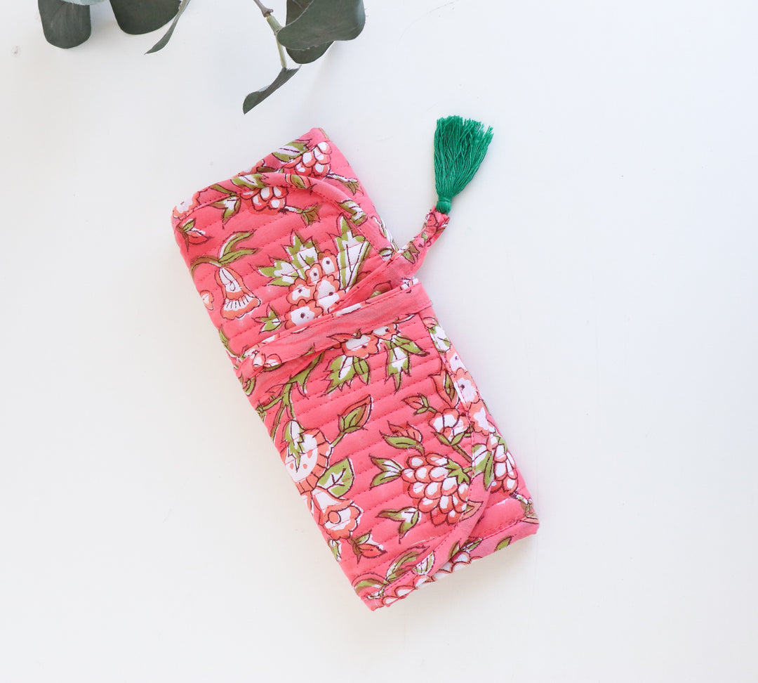 Personalized block print travel jewelry roll-up pouch with embroidered name
