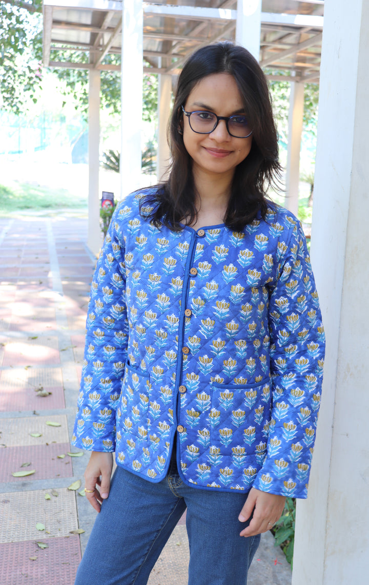 Blue ditsy block print quilted cotton jacket for women handmade India
