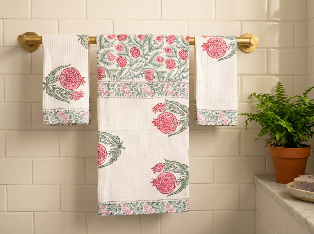 Pink Pomegranate Block Print Towel Gift Set - Waffle Cotton Bath and Hand Towels