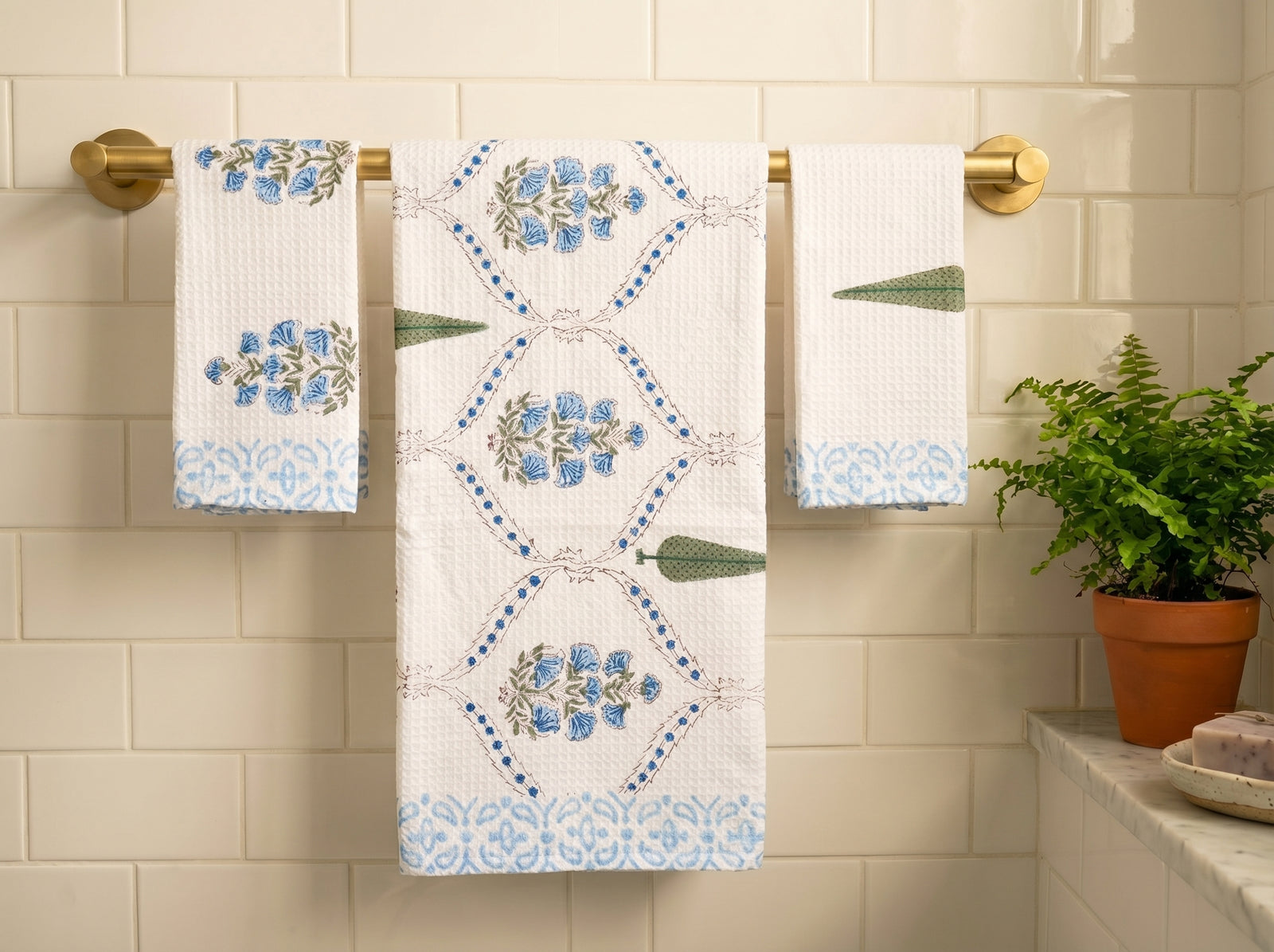 Green Cypress Tree Block Print Towel Gift Set - Waffle Cotton Bath and Hand Towels