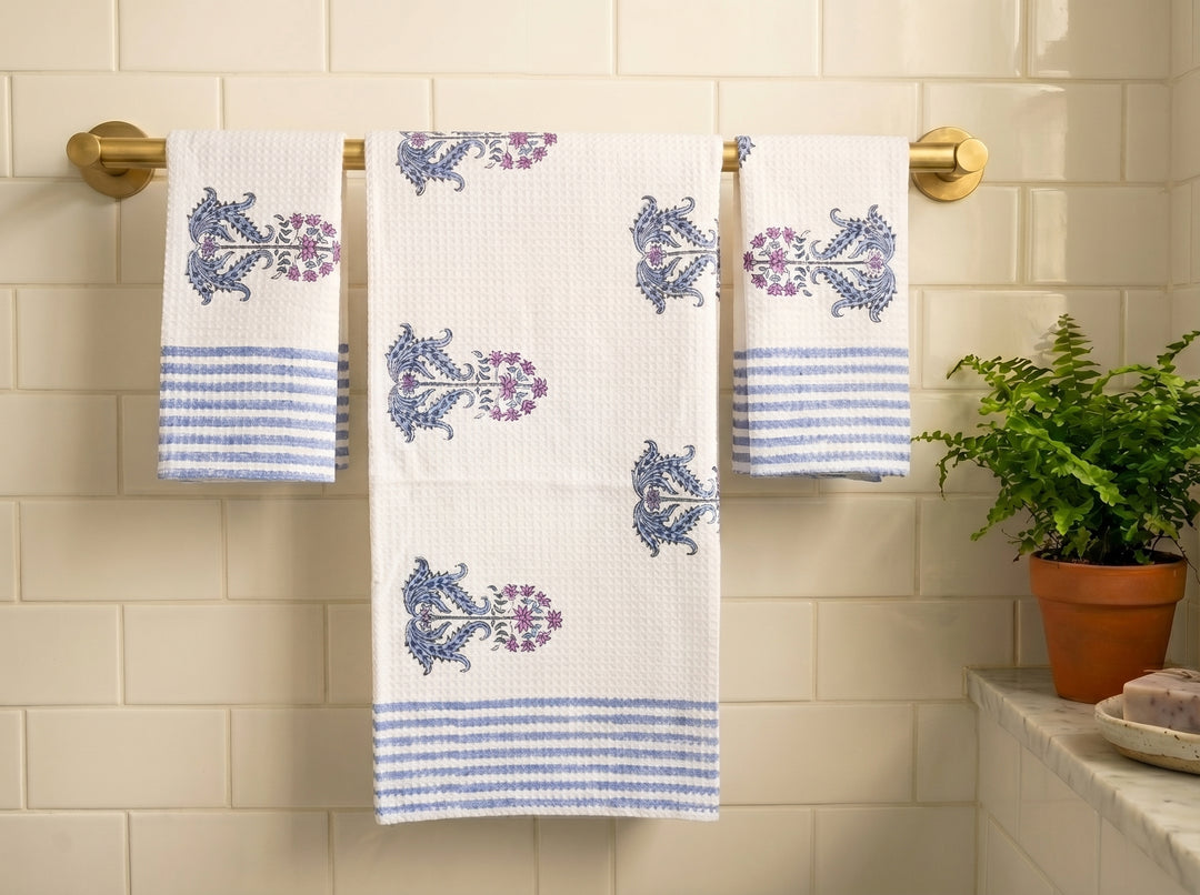 Lilac Floral Boota Block Print Towel Gift Set - Waffle Cotton Bath and Hand Towels