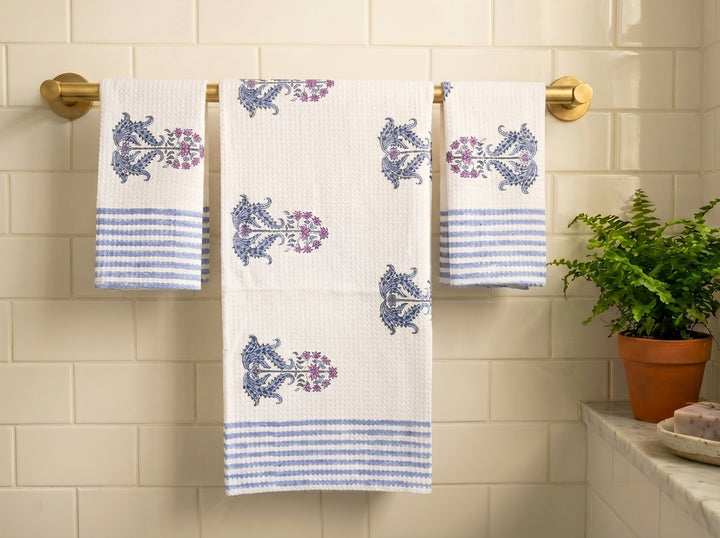Lilac Floral Boota Block Print Towel Gift Set - Waffle Cotton Bath and Hand Towels