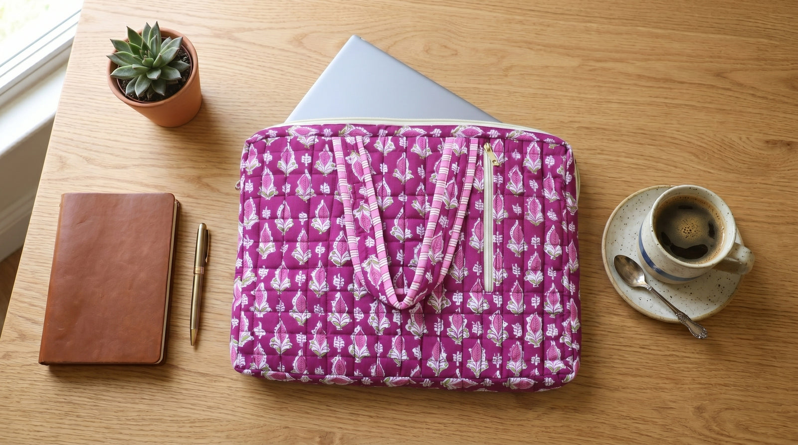 Hand block-printed magenta booti quilted cotton laptop bag by Kari by Kriti