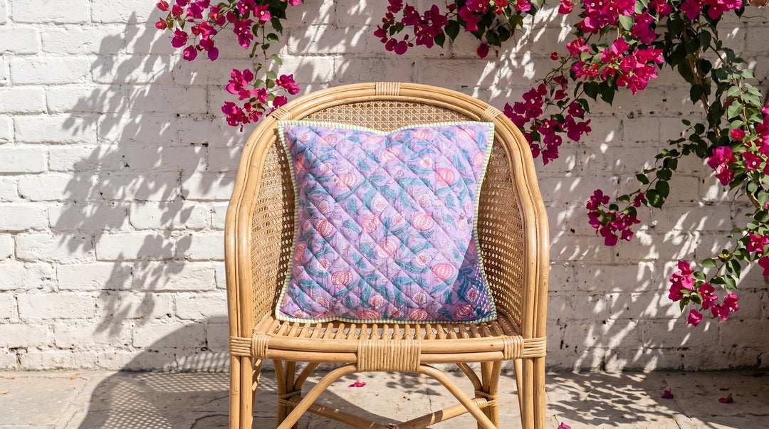 Lilac Pomegranates hand block print quilted cushion cover, 16x16 inches, by Kari by Kriti