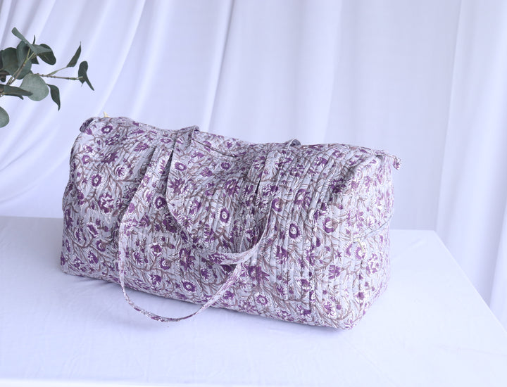 Grey block print quilted weekender overnight duffle bag handmade cotton
