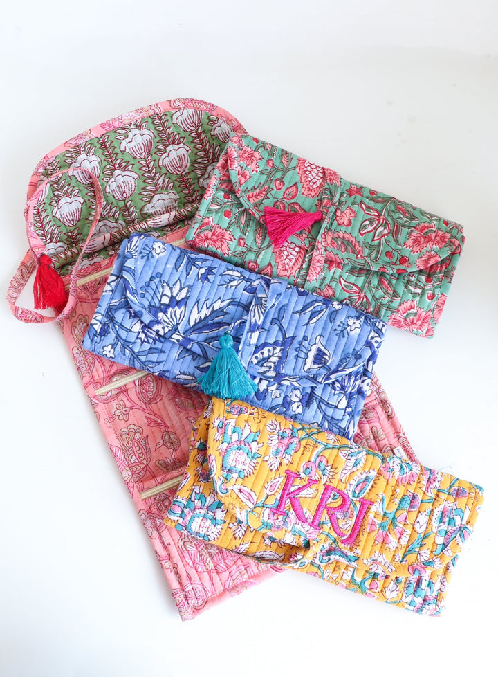 Personalized block print travel jewelry roll-up pouch with embroidered name
