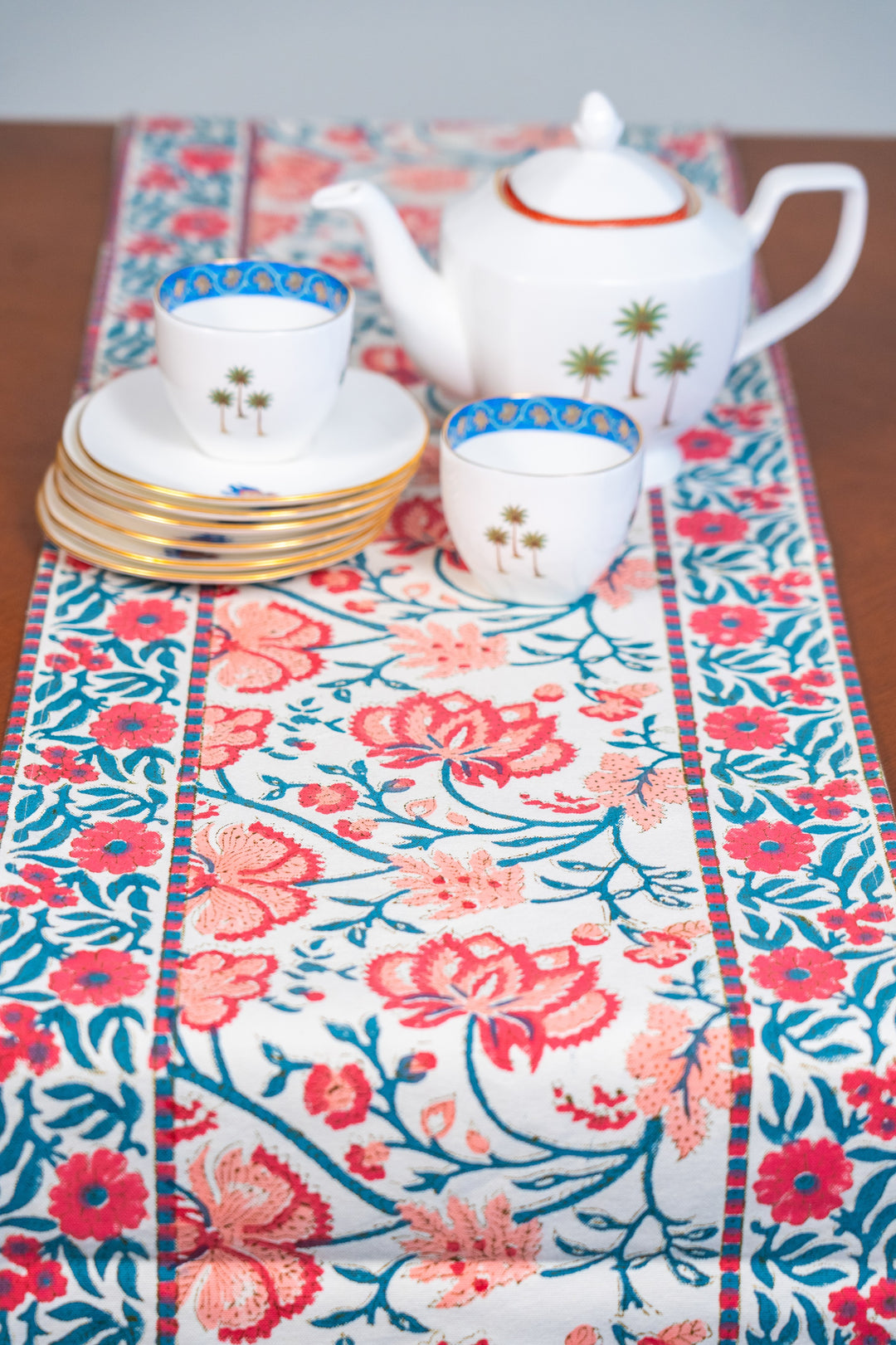 Blushing Bloom pink and turquoise floral block print cotton table runner 14x72 inches
