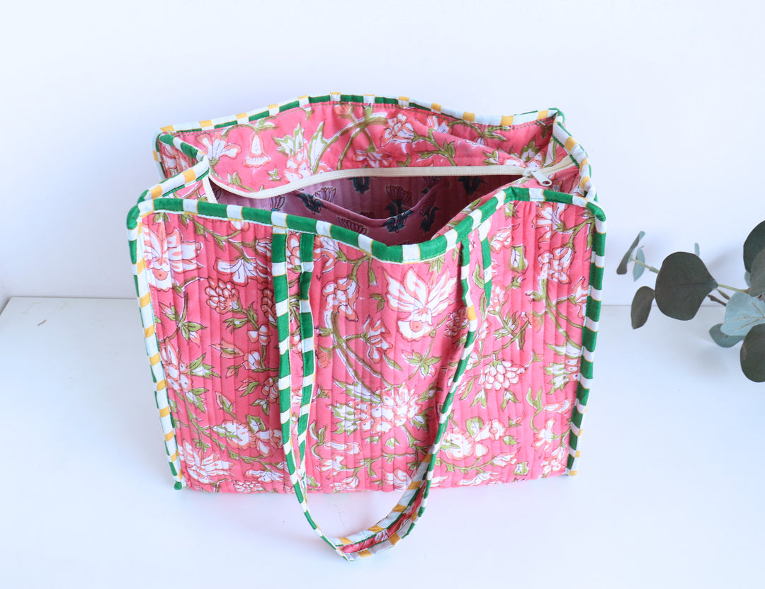 Pink floral block print quilted medium tote bag for women handmade
