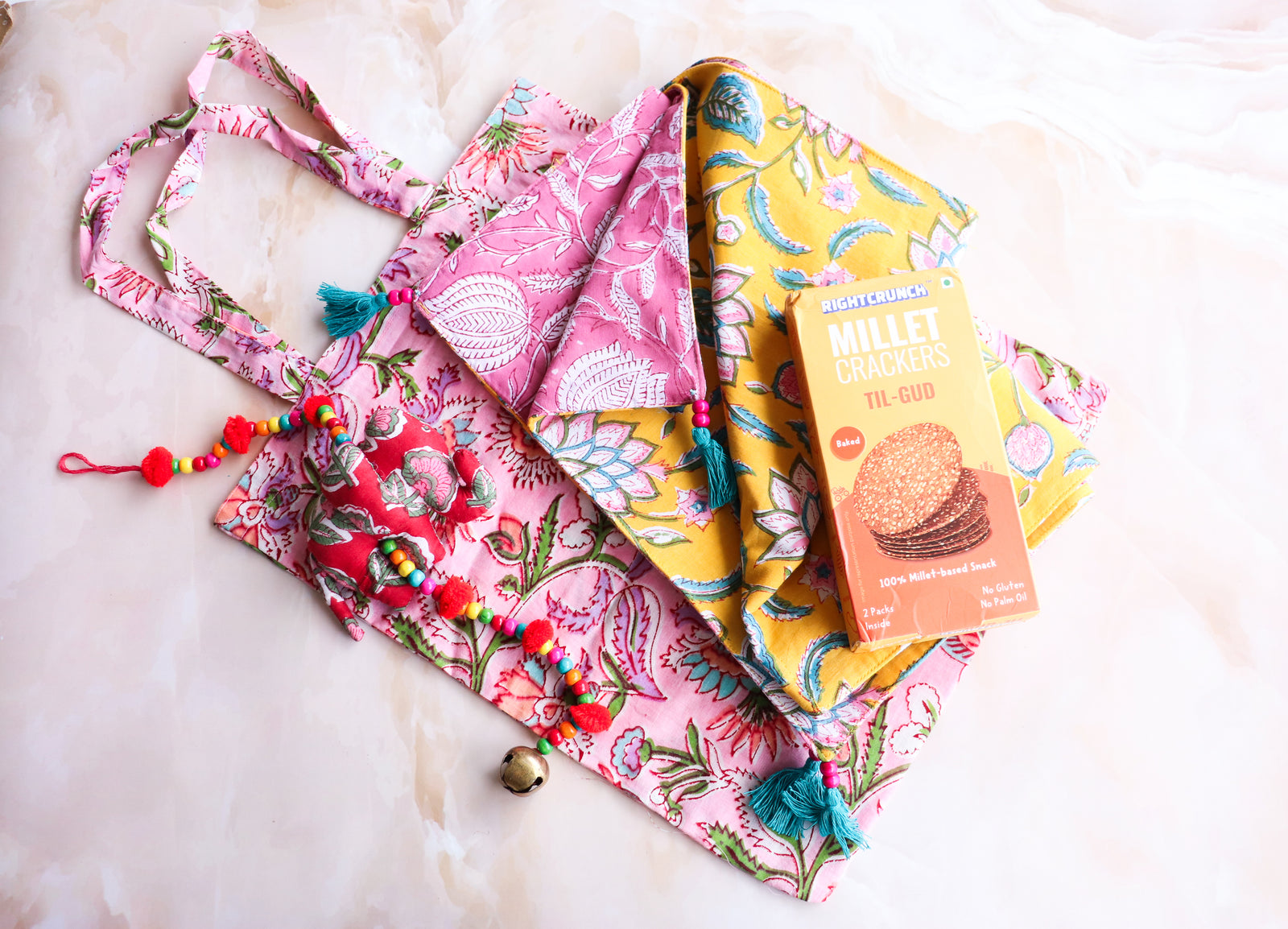 Magnolia festive gift bag with handmade block print accessories for Diwali by Kari by Kriti
