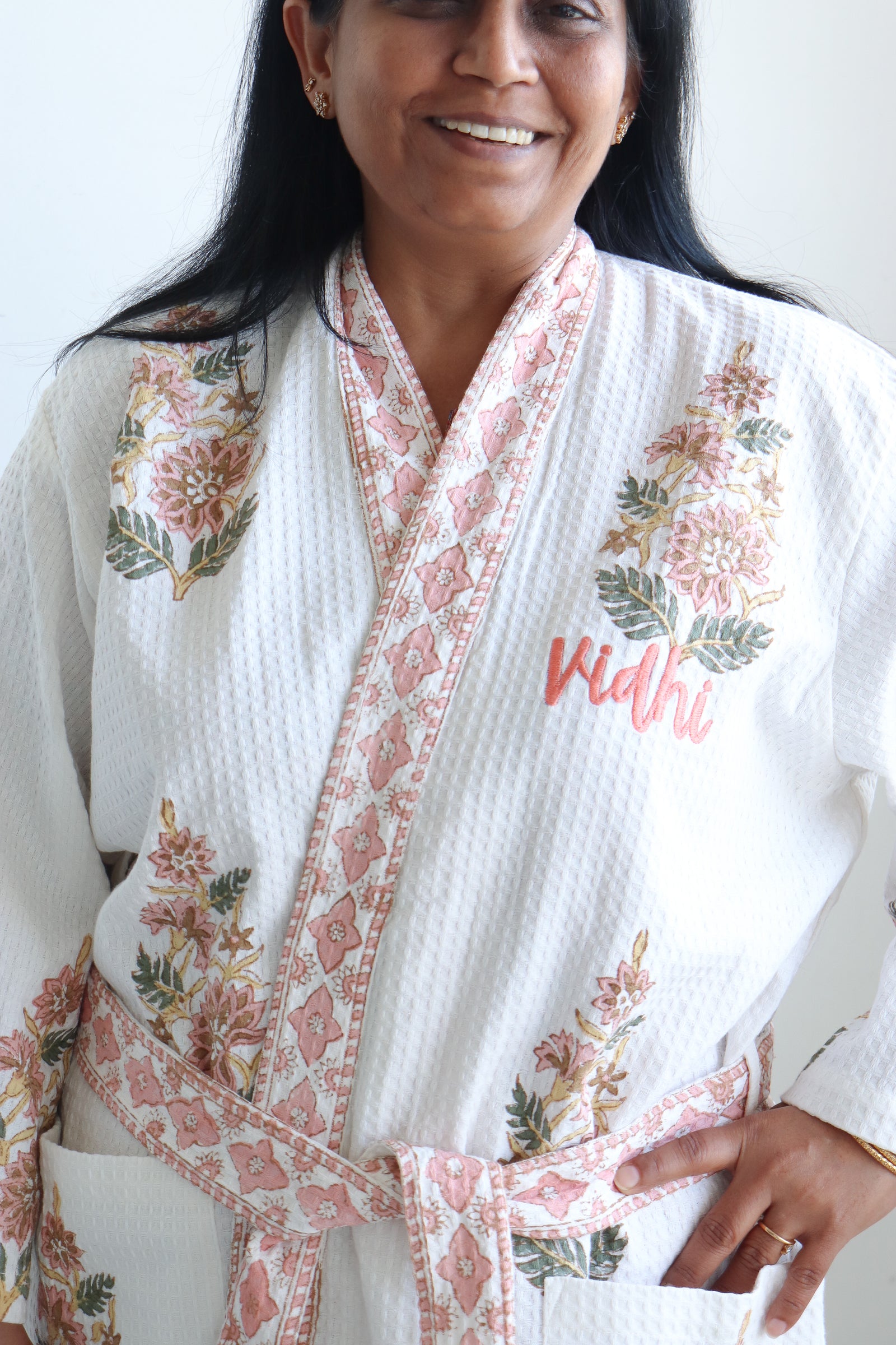Personalized block print waffle cotton bath robe for women with embroidered name
