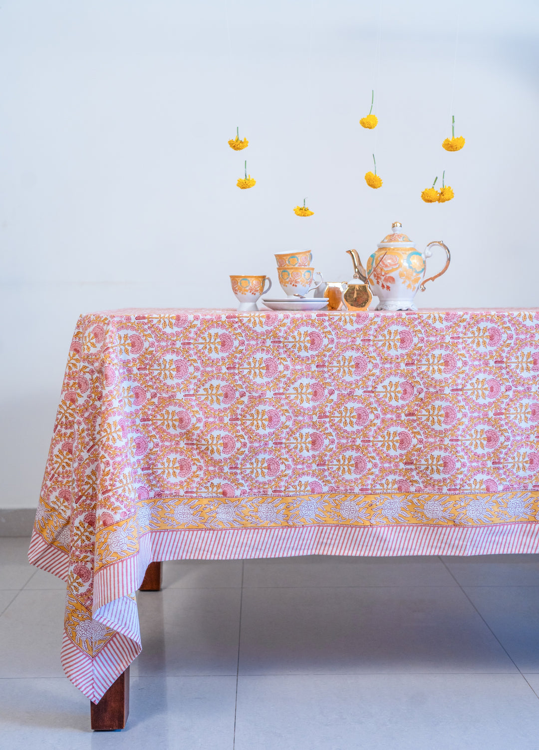 Golden marigold block print cotton tablecloth, 6 seater, 60x90 inches, festive table linen by Kari by Kriti

