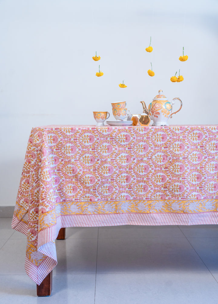 Golden marigold block print cotton tablecloth, 6 seater, 60x90 inches, festive table linen by Kari by Kriti
