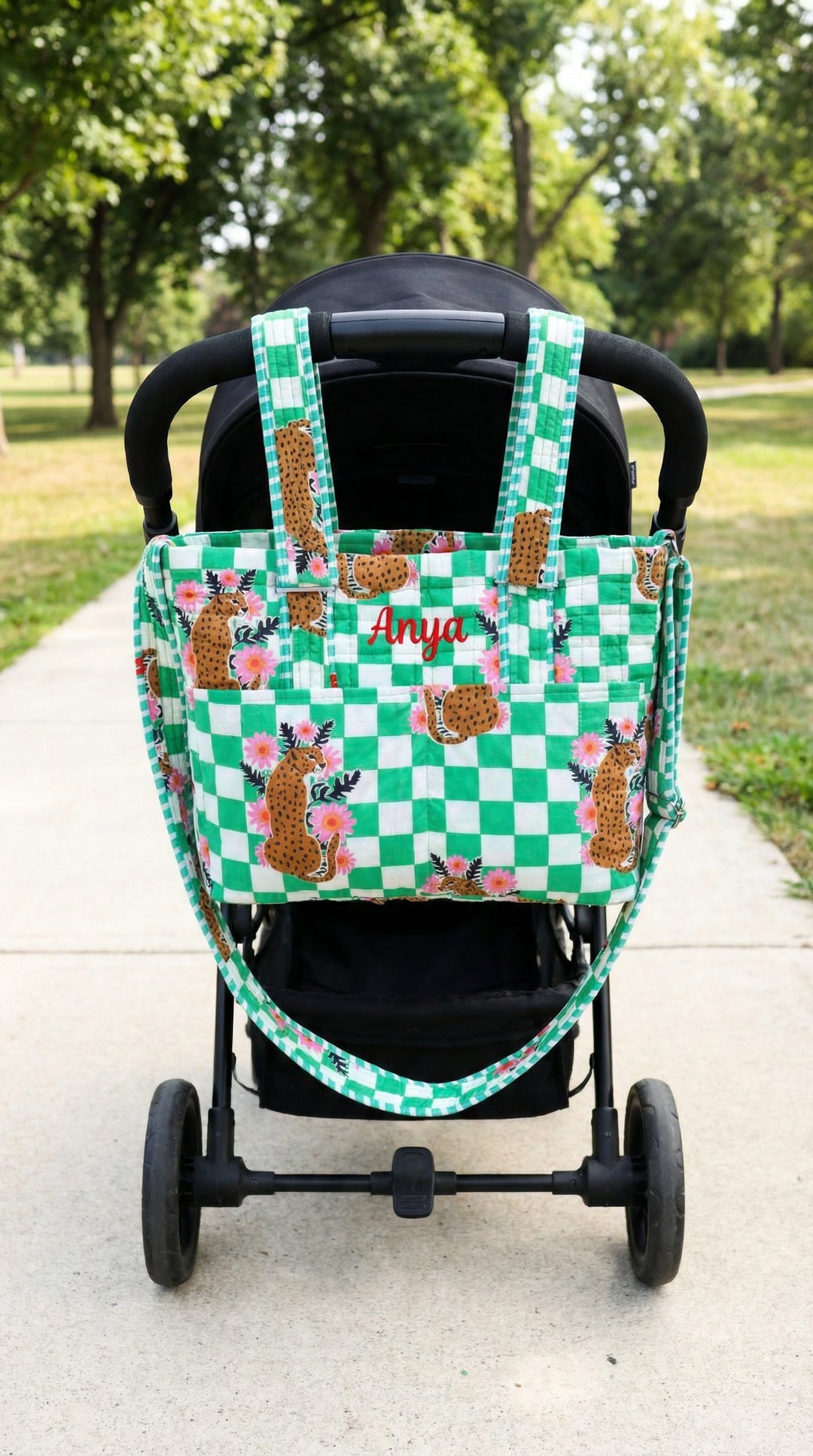 Personalized baby diaper bag in green cheetah block print with custom name, stroller friendly, by Kari by Kriti
