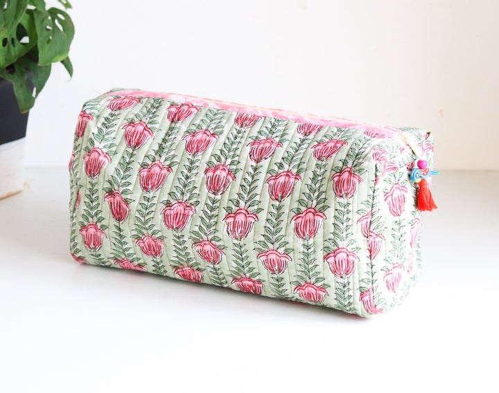 Personalized large block print makeup bag with embroidered name
