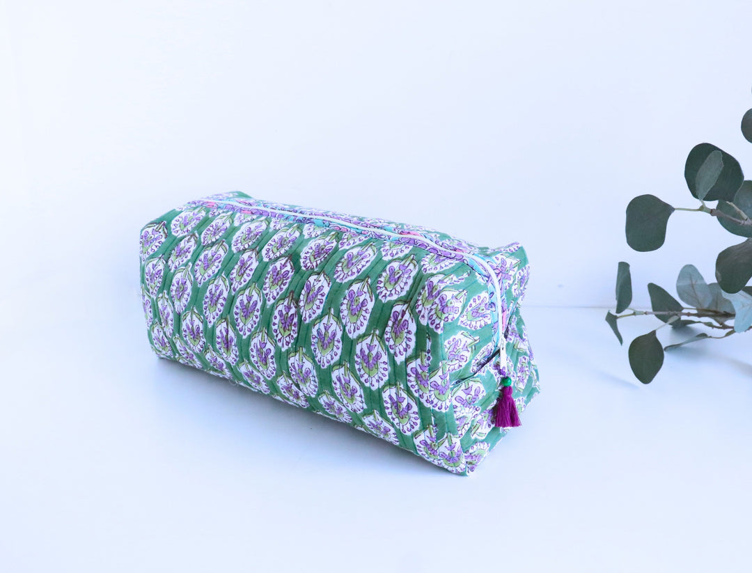Green booti block print Dyson Airwrap organizer bag, handmade cotton by Kari by Kriti
