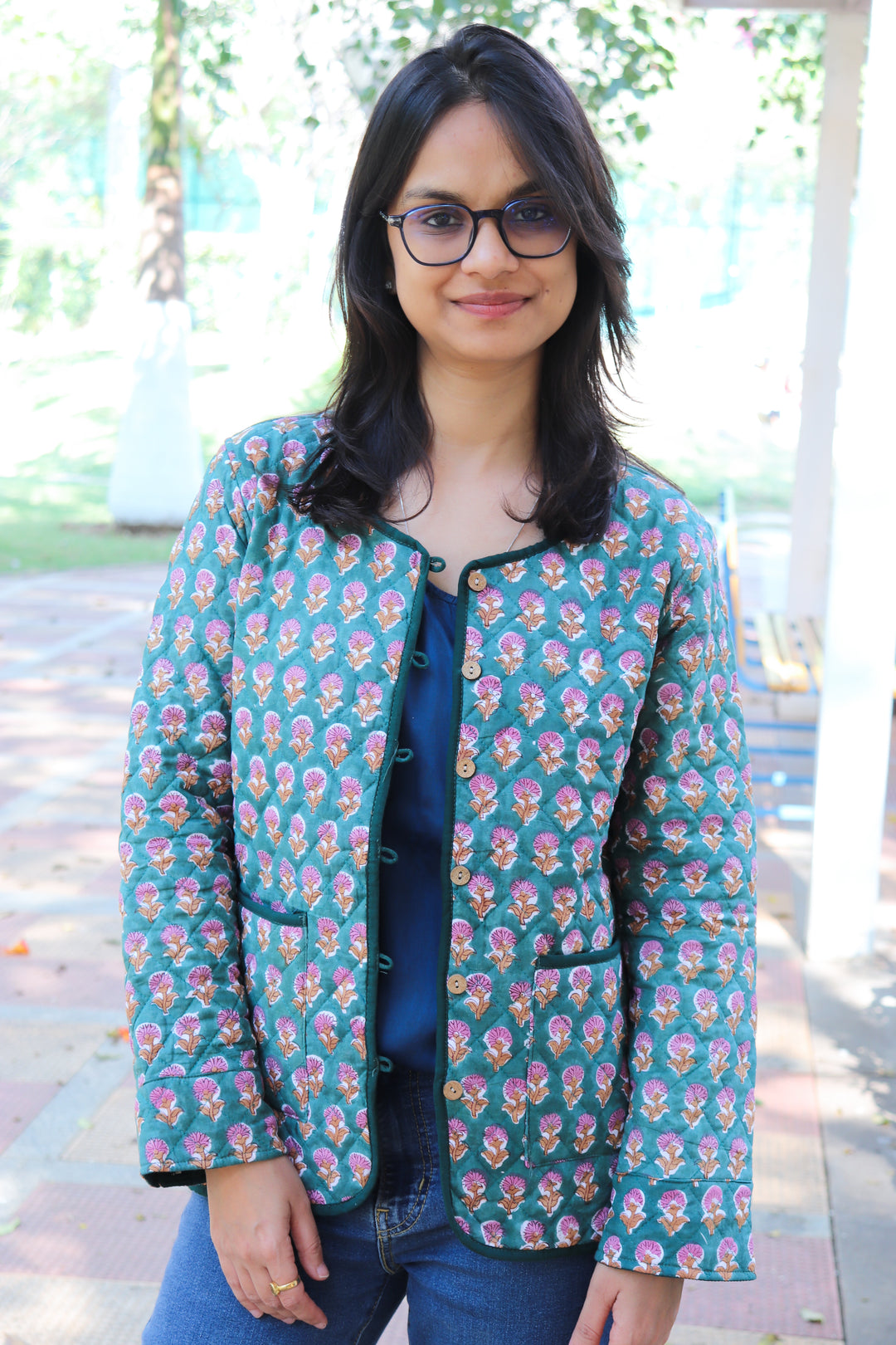 Green ditsy block print quilted cotton jacket for women handmade
